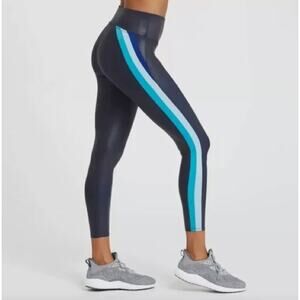 Spanx Faux Vegan Leather High Waist Blue Track Stripe Leggings Women's Small